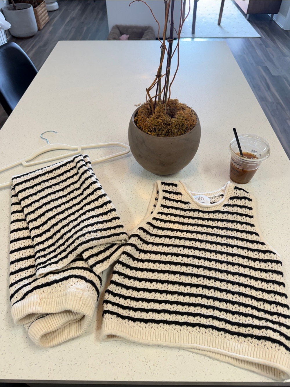 Zara Black and Cream Striped Knit Tank & Pants Set